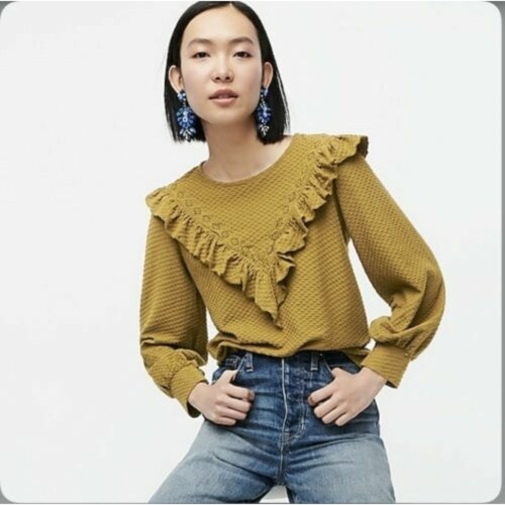 J Crew NEW Womens Size XS Gold Olive Ruffle Trim Honeycomb Knit Cotton Top ah926